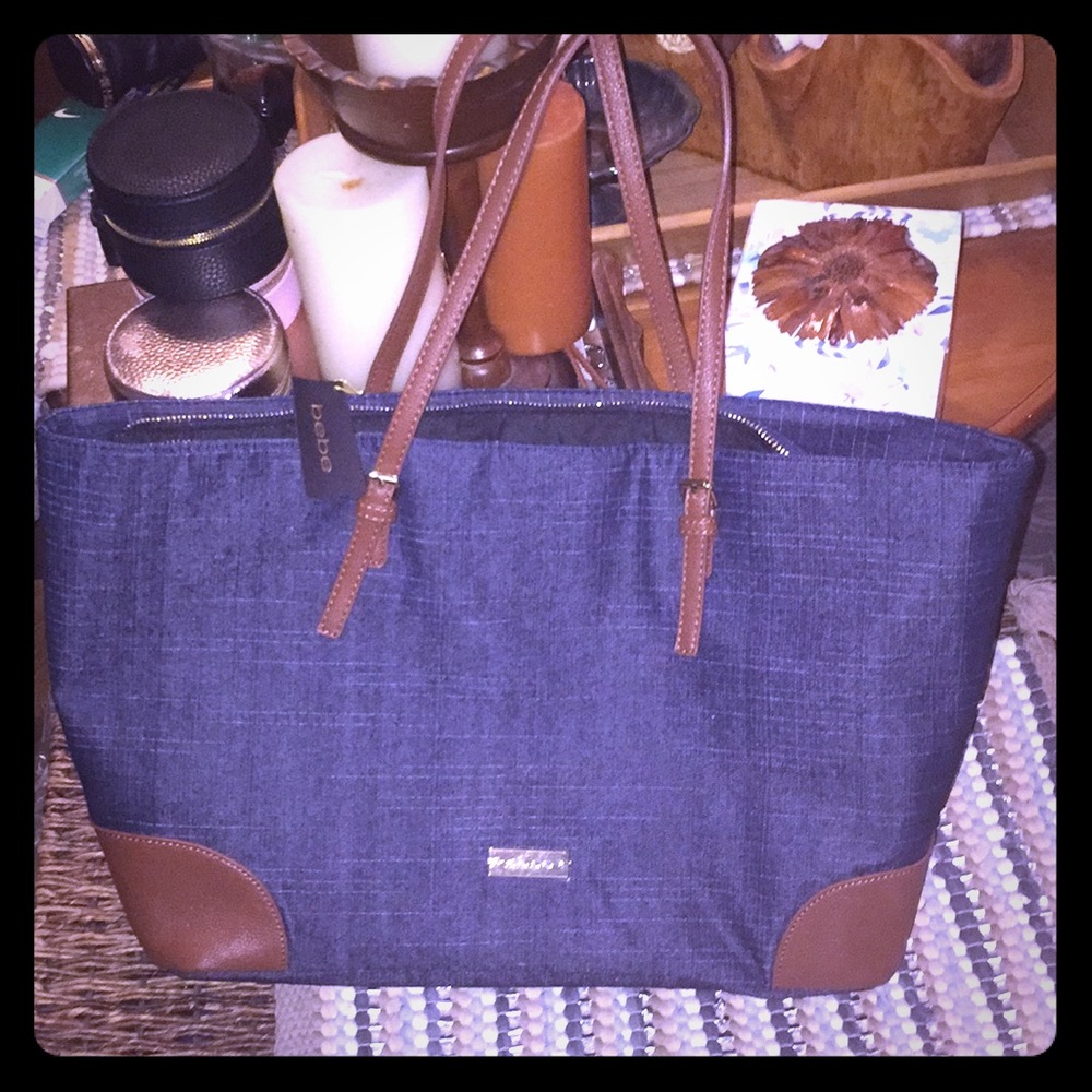 NWT BEBE BLUE JEAN & BROWN LEATHER SHOPPING TOTE !